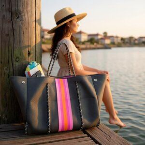 Haute Shore Grey Neoprene Tote Bag w/ Pink Orange Stripe | Key Clip | Large